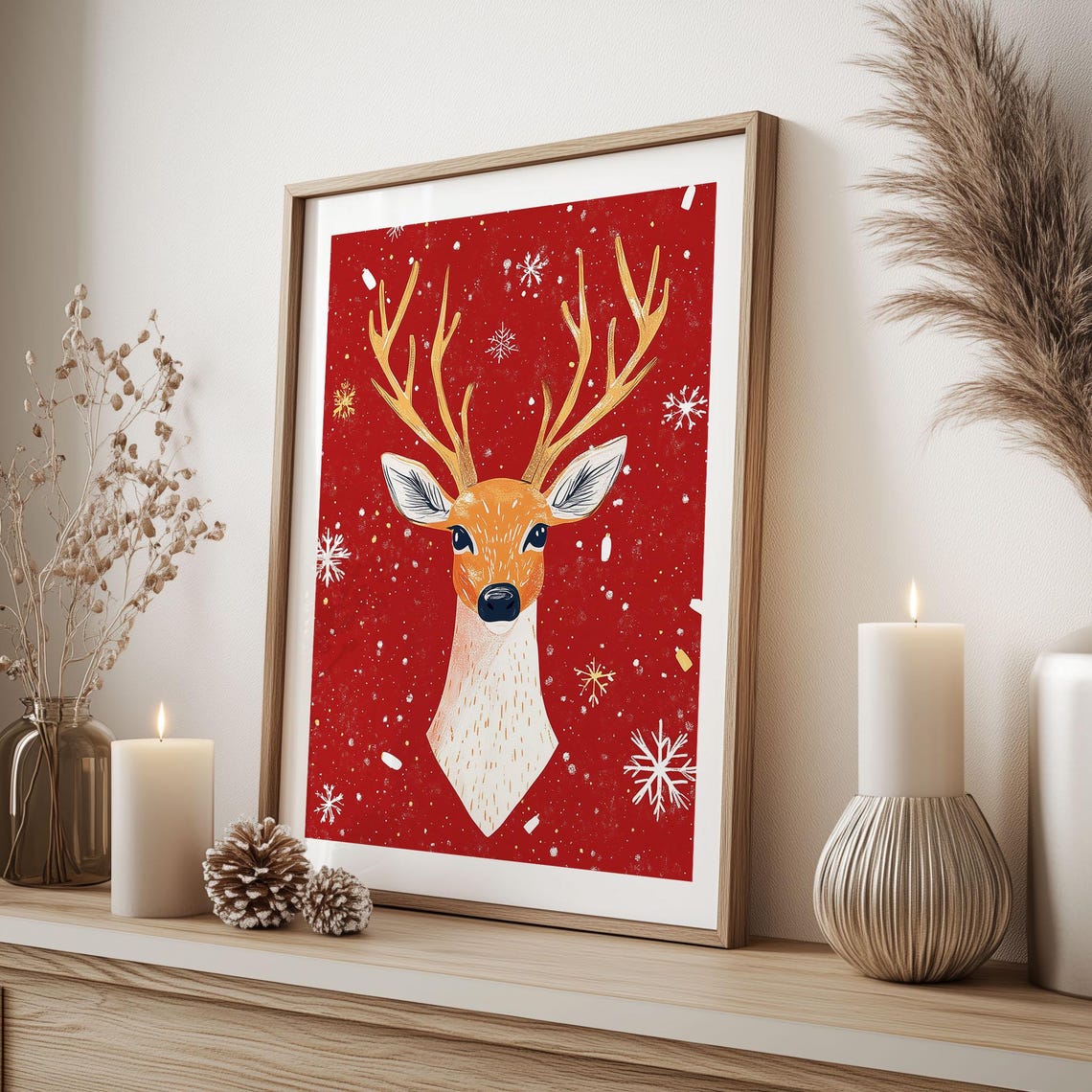 Illustrated Deer Head with Golden Antlers on Red Christmas Poster - Image 3
