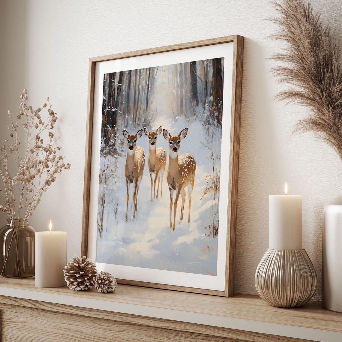 Three Deer Fawns in Snowy Winter Forest Vintage Wildlife Poster - Image 3