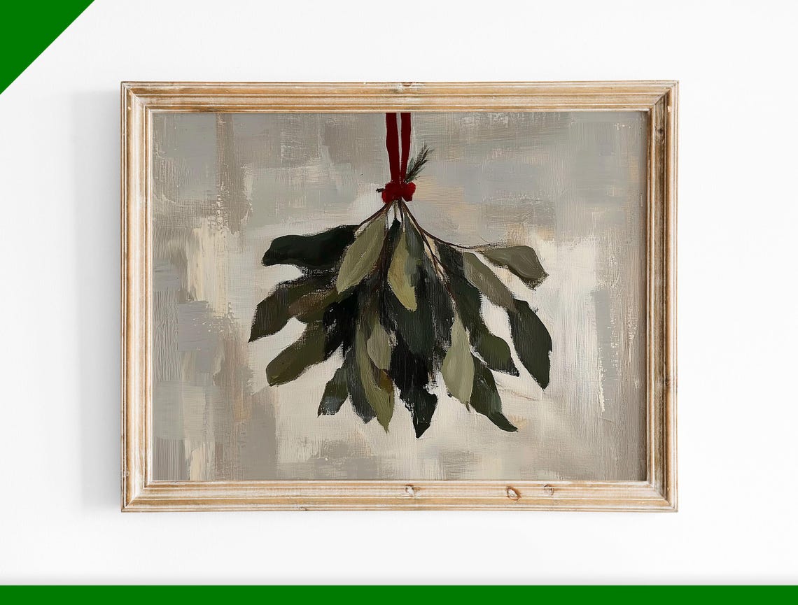 Hanging Mistletoe Bundle With Red Ribbon Vintage Holiday Poster