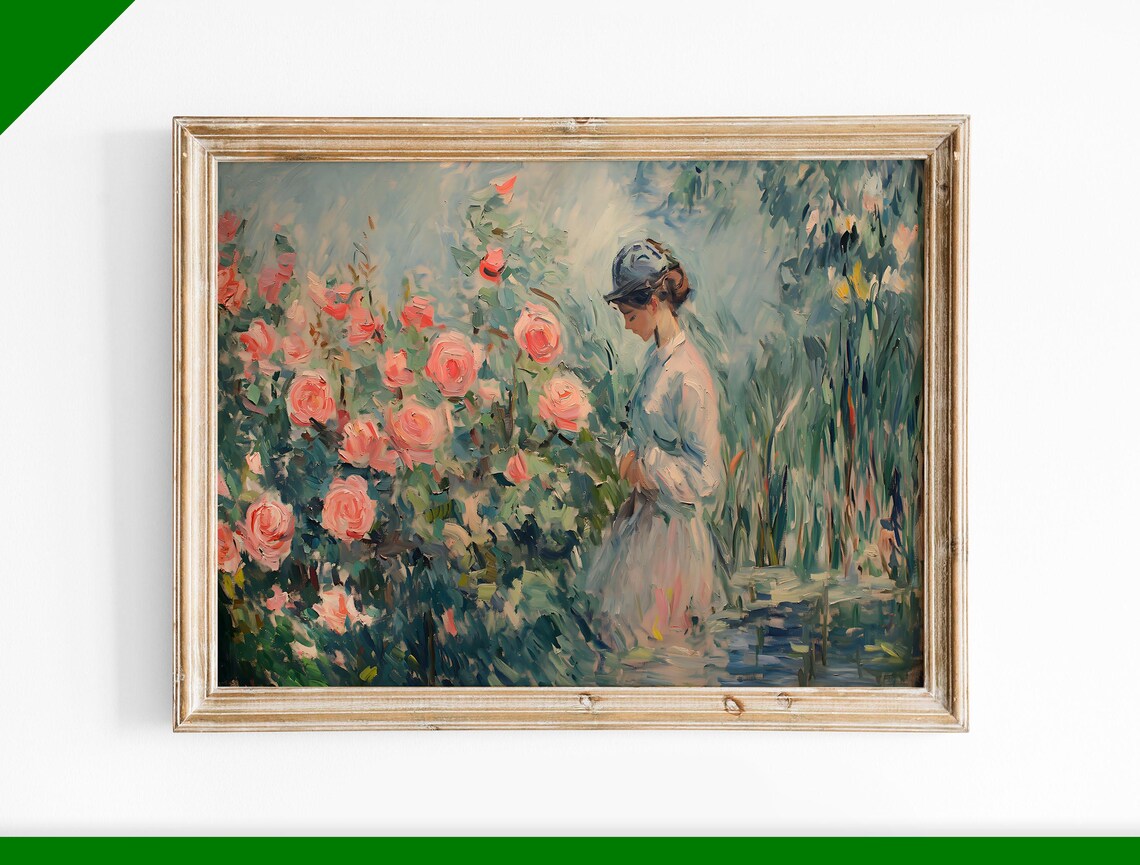 Woman in Rose Garden Impressionist Painting Pink Roses Poster