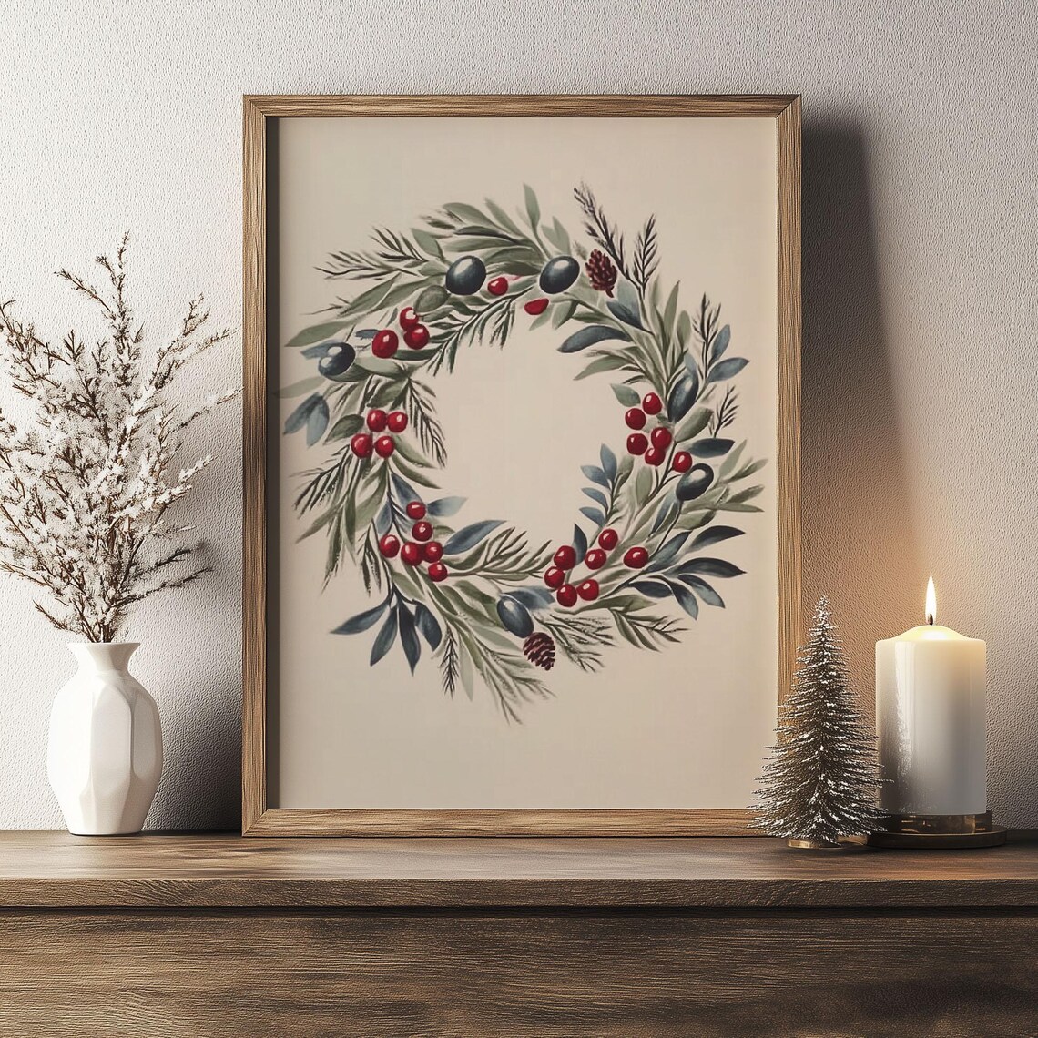 Watercolor Christmas Wreath Berry Pine Rustic Holiday Art Print - Image 6