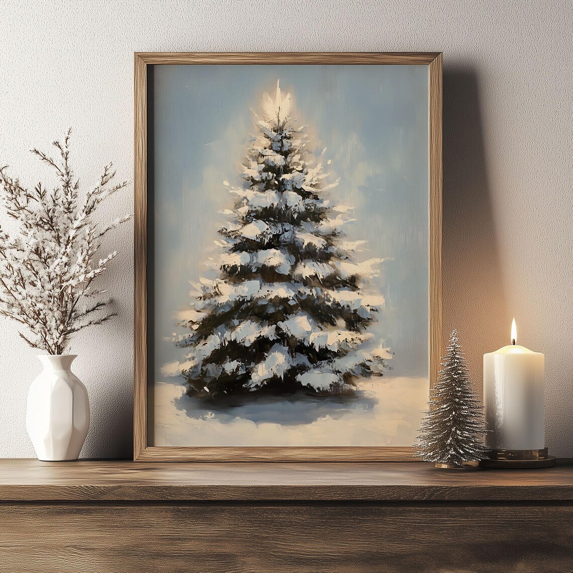 Snow Covered Pine Tree with Winter Glow Oil Painting Christmas Poster - Image 6