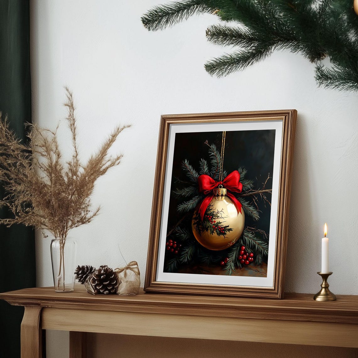 Gold Christmas Ornament With Red Bow Holly Berries Dark Poster - Image 4