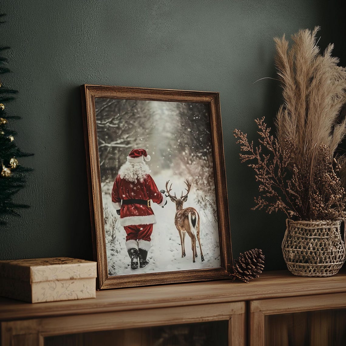 Santa Claus Walking with Deer in Snowy Forest Winter Scene Poster - Image 7
