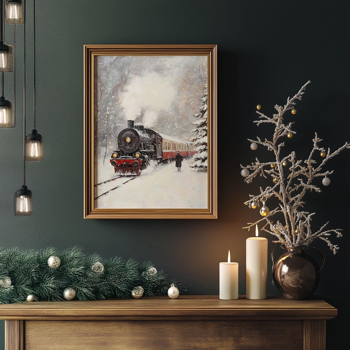 Vintage Steam Locomotive in Snowy Forest Winter Train Painting Poster - Image 5