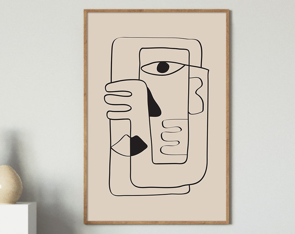 Abstract Face Continuous Line Drawing Beige Minimalist Wall Art - Image 3