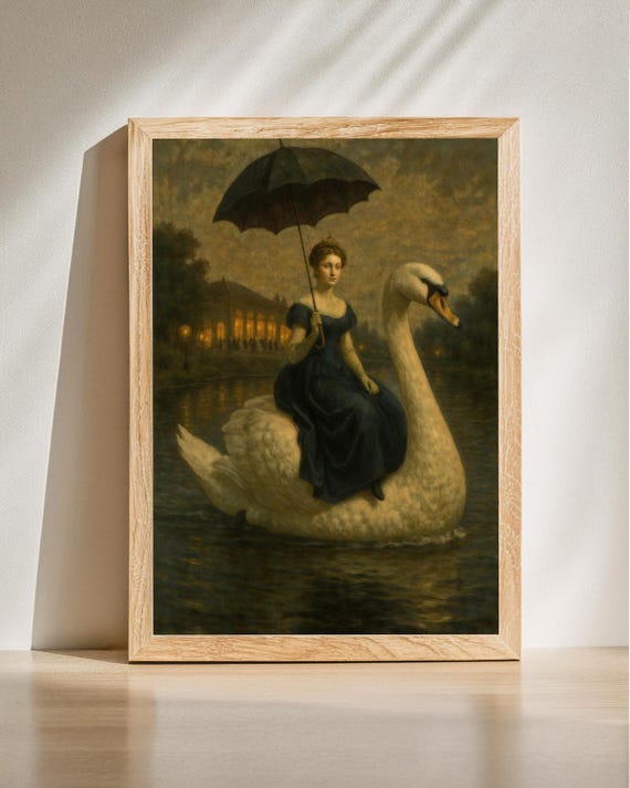 Woman On Swan Romantic Lake Scene Vintage Art Print