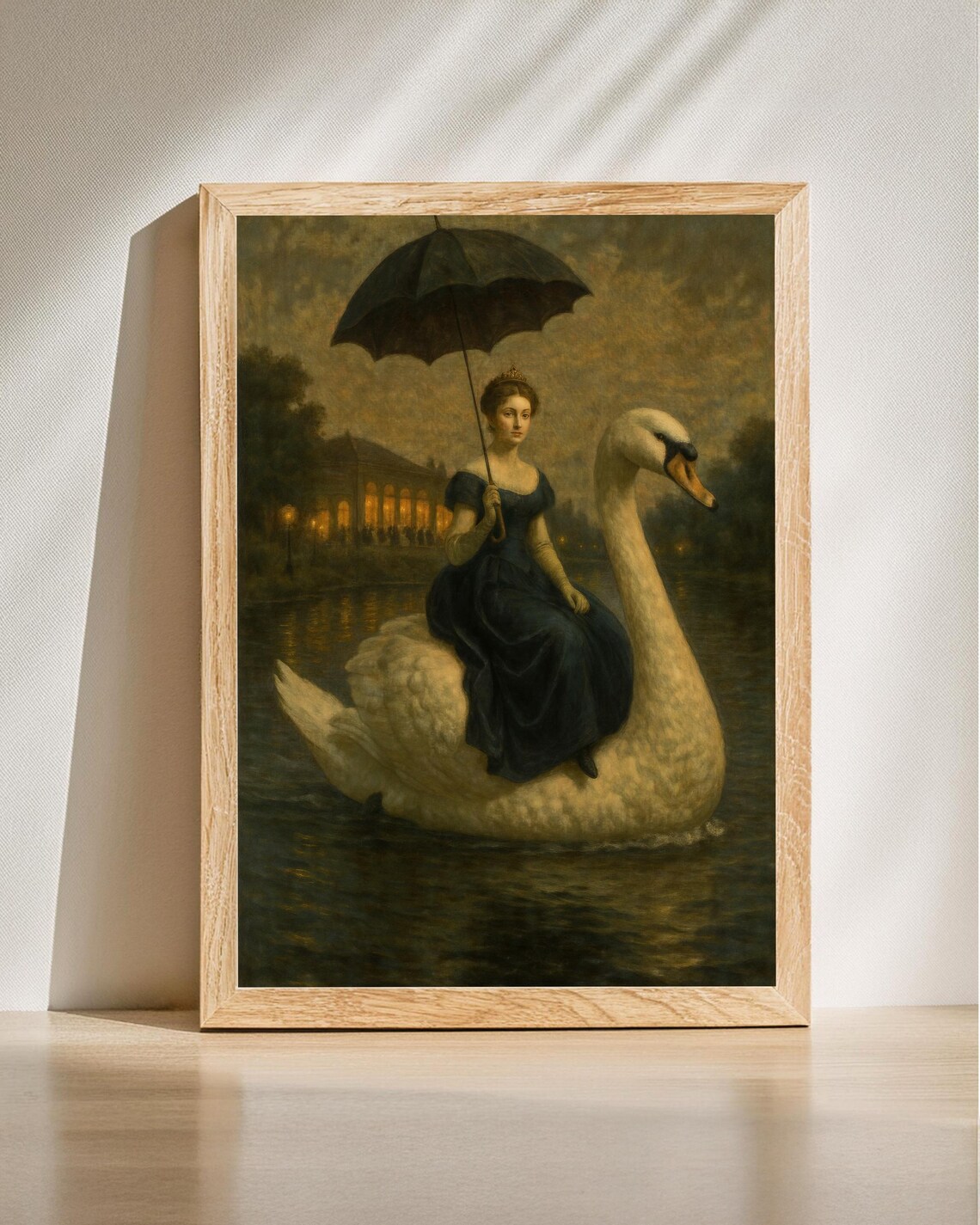 Woman On Swan Romantic Lake Scene Vintage Art Print