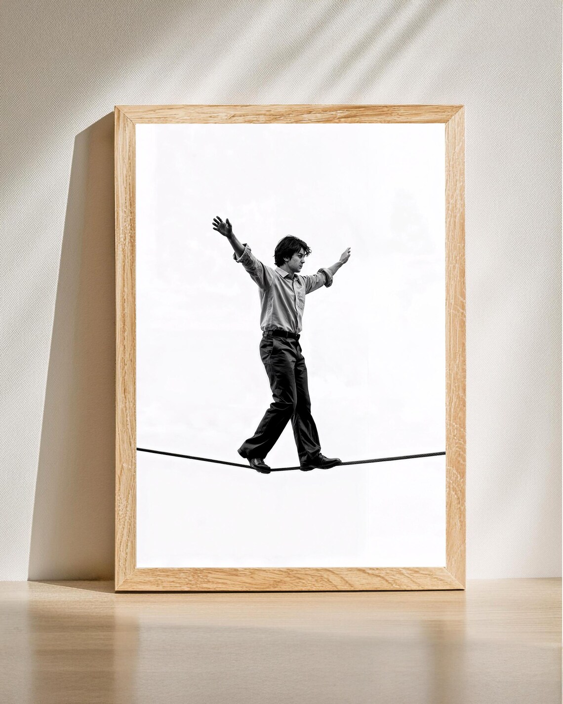 Man Balancing On Tightrope Black And White Minimal Photography Poster