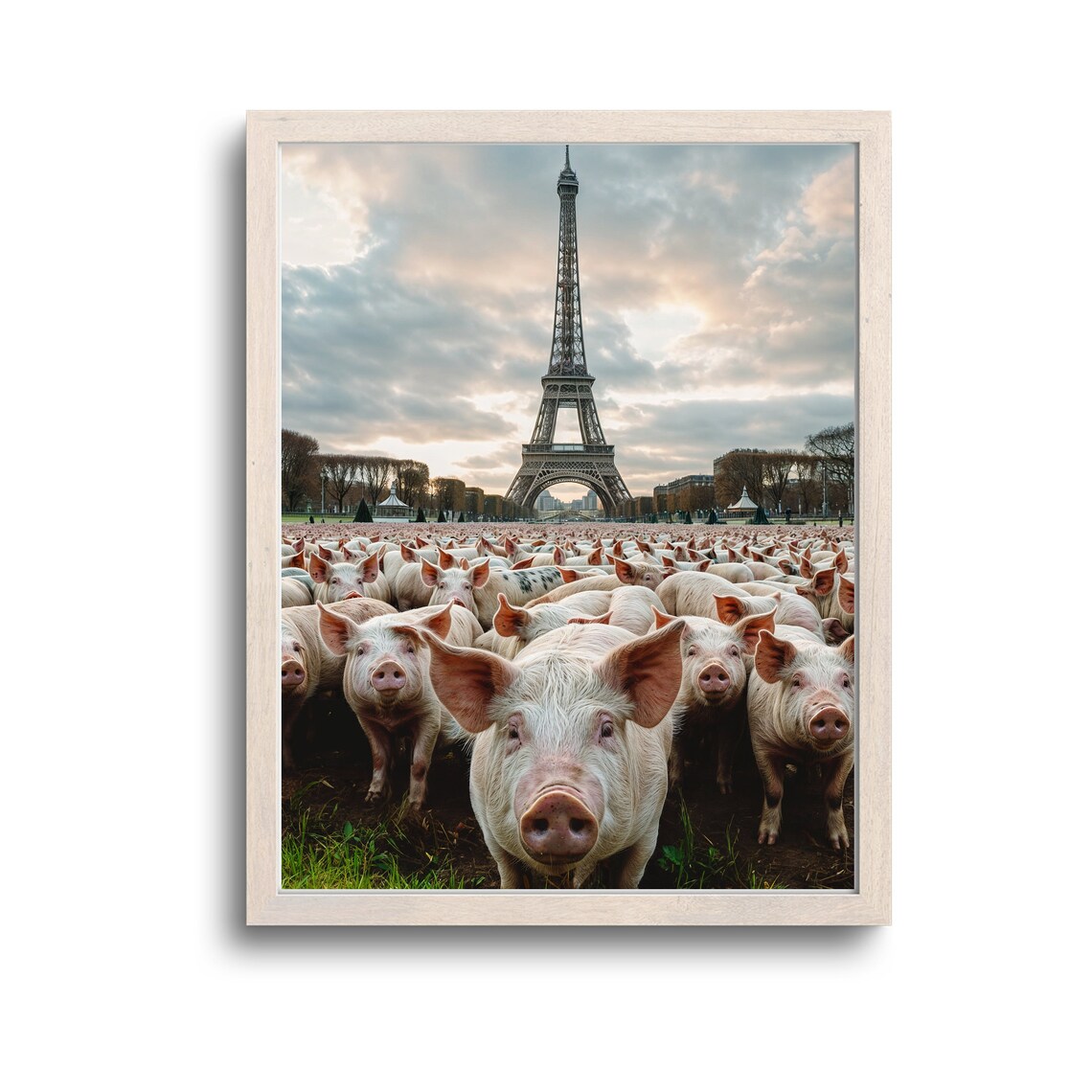 Herd of Pigs in Front of the Eiffel Tower Paris Surreal Photo Poster