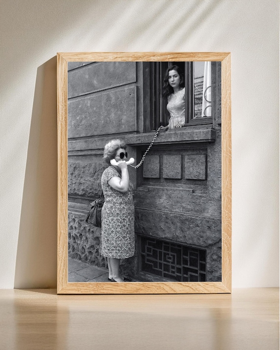Retro Phone Call Window Surreal Funny Black And White Photo Poster
