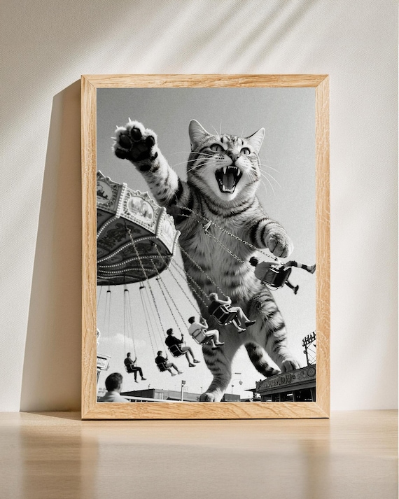 Giant Cat On Carousel Swing Ride Surreal Black White Photo Print