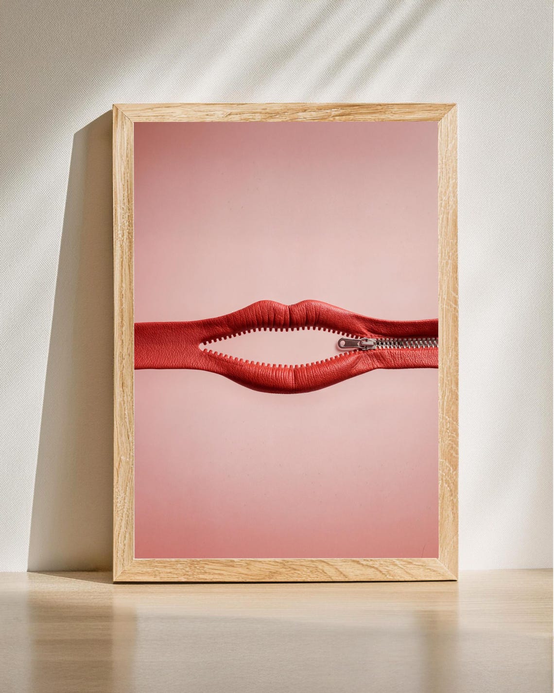 Red Zipper Lips Surreal Mouth Photography Pink Background Poster