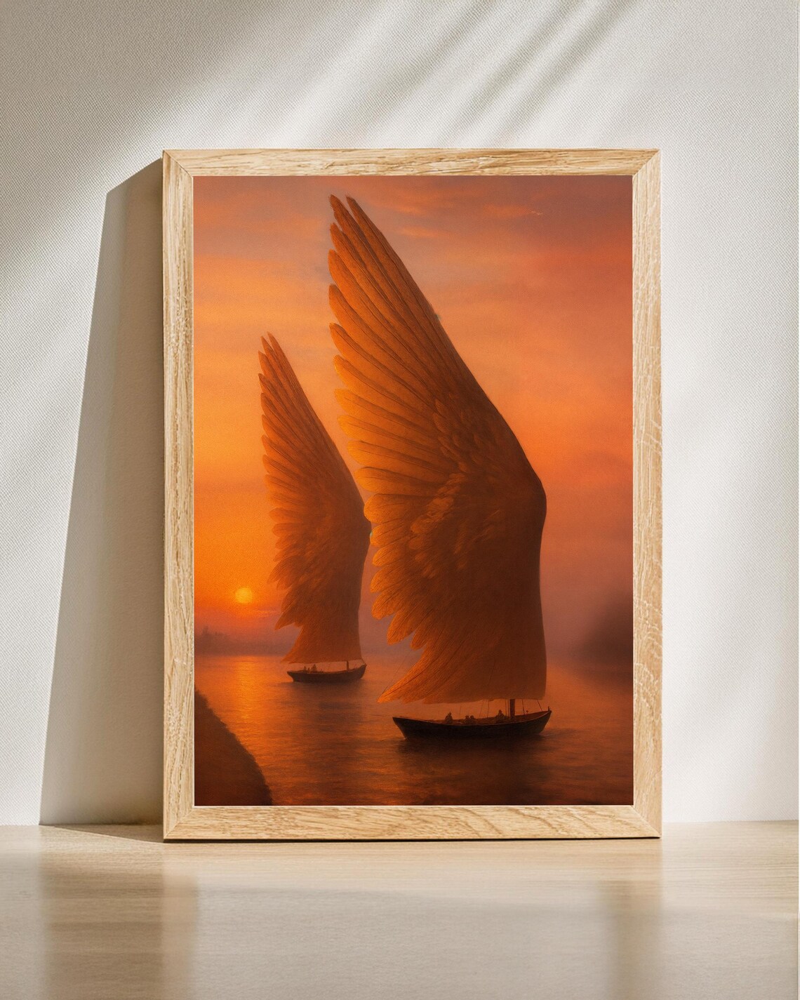 Surreal Winged Ships at Sunset Orange Fantasy Seascape Poster