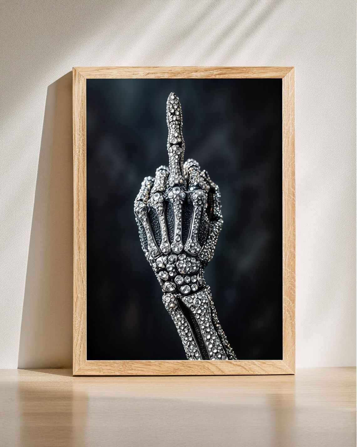 Middle Finger Skeleton Print Rhinestone Hand Art Crystal Poster Gothic Glam Decor Skull Design