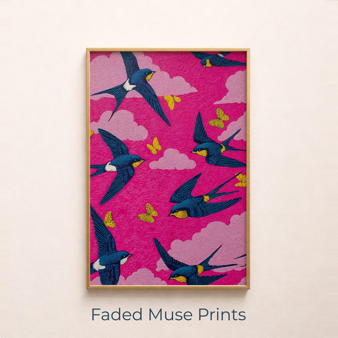 Colorful Swallows And Butterflies Retro Pink Pattern Art Poster