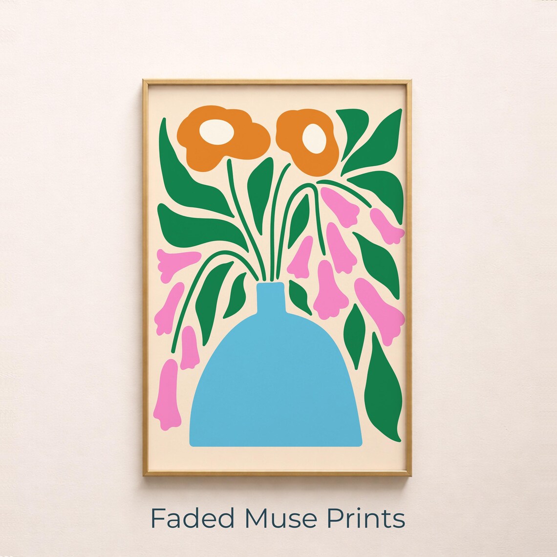 Colorful Modern Bouquet Blue Vase Midcentury Graphic Art Print