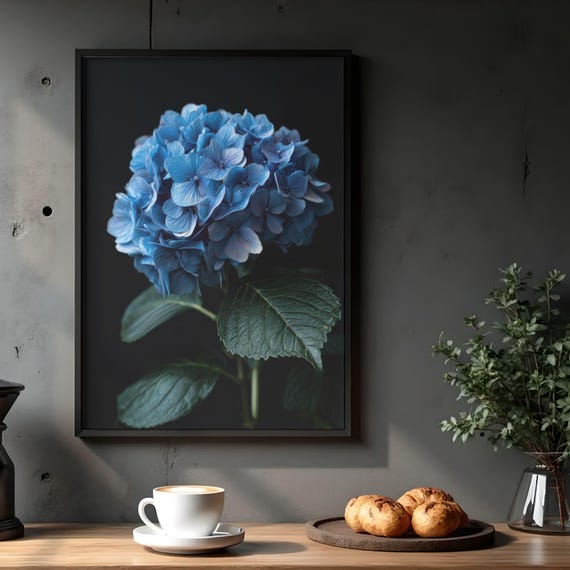 Blue Hydrangea Flower Print Moody Botanical Wall Art Printable Digital Download