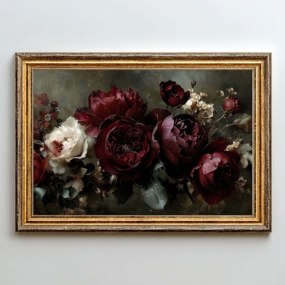 Moody Peonies, Dark Floral Botanical Art Print