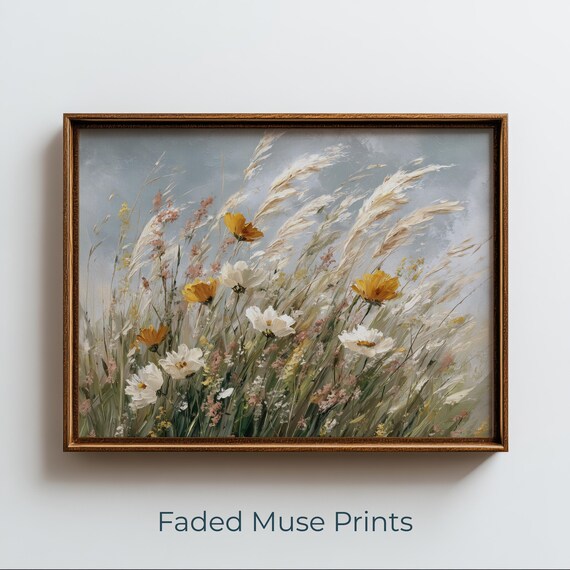 Windswept Meadow Wildflowers Painting Yellow Poppies And Daisies Print Digital Download 2479