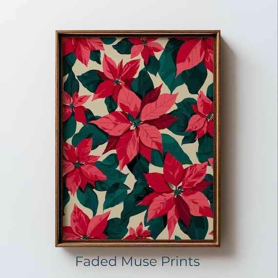 Bold Poinsettia Floral Print Crimson Red Graphic Christmas Printable Wall Art Digital Download 4011