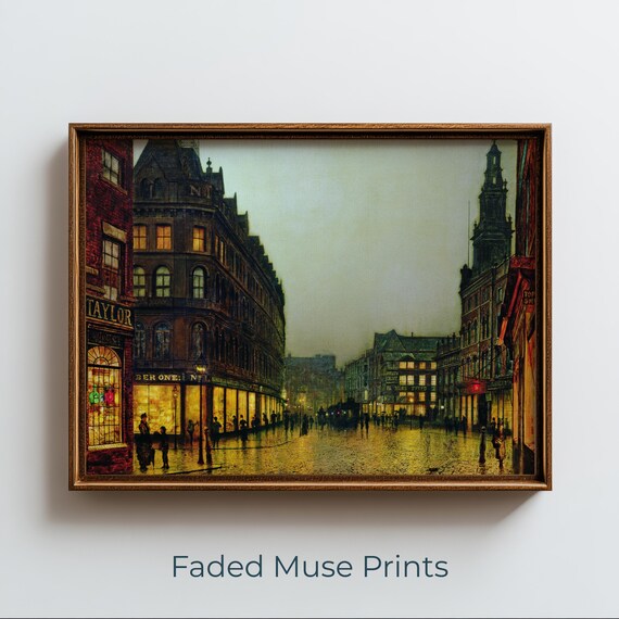 Gaslit Victorian City Street on a Rainy Night Vintage Painting Print