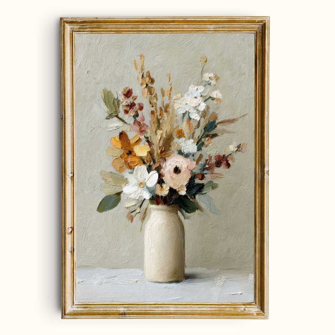Cottagecore Wildflower Bouquet in Cream Vase Rustic Floral Wall Art