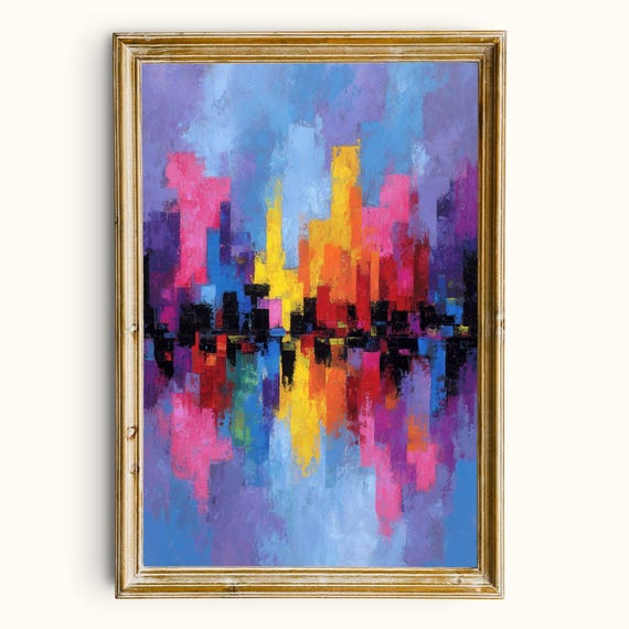 Colorful City Reflection Abstract Modern Cityscape Wall Art Vibrant Urban Painting Printable Instant Download