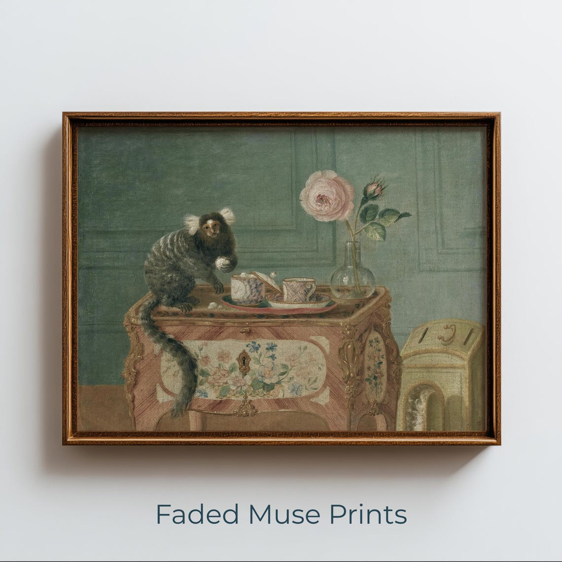 Vintage Monkey Tea Set Still Life Antique Floral Table Painting Poster