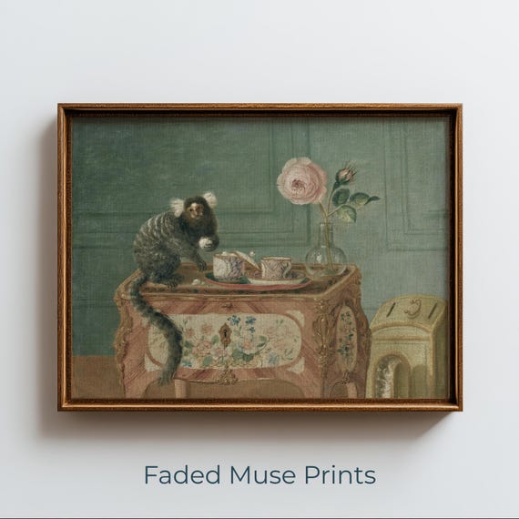 Vintage Monkey And Tea Set Still Life Painting Antique Wall Art Digital Download 1279