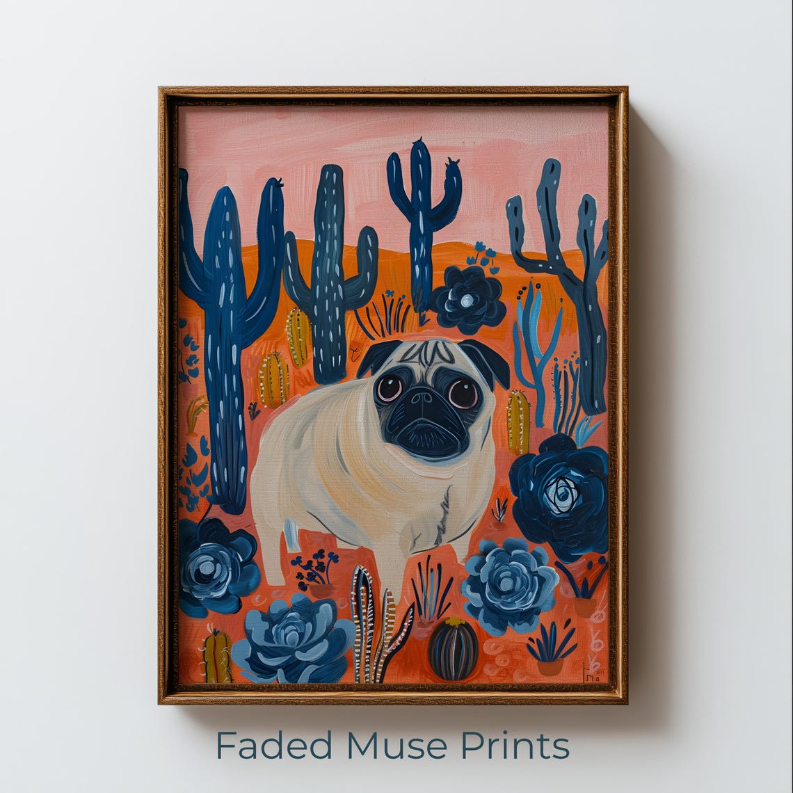 Cute Pug Dog Saguaro Cacti Colorful Boho Folk Art Nursery Poster