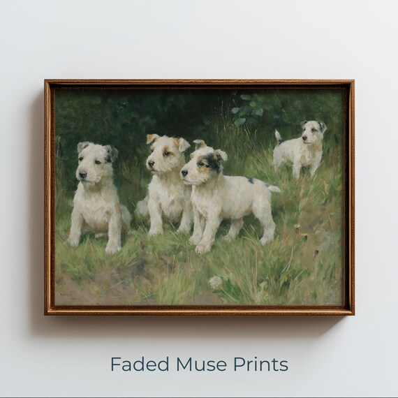 White Terrier Puppy Quartet Vintage Pastoral Oil Painting Poster