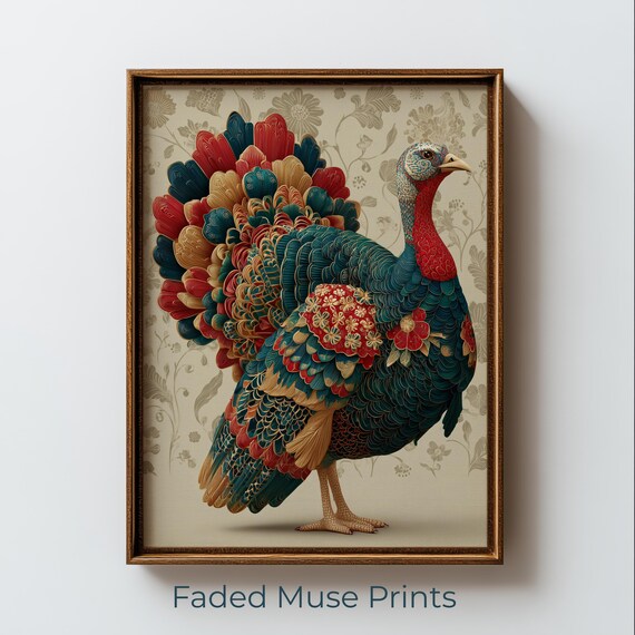 Ornate Folk Art Turkey Jewel Tone Floral Feathers Thanksgiving Poster