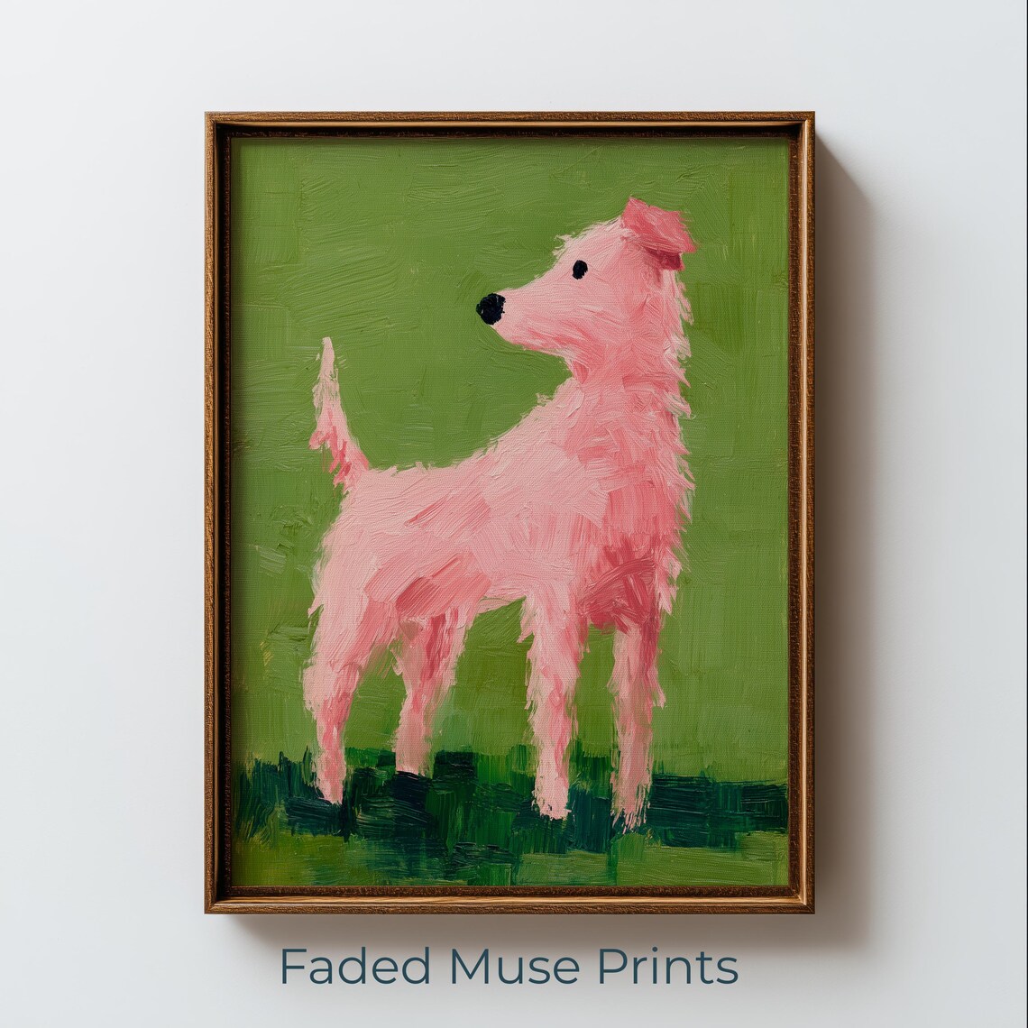 Playful Pink Dog Fauvist Painting on Green Background Wall Art