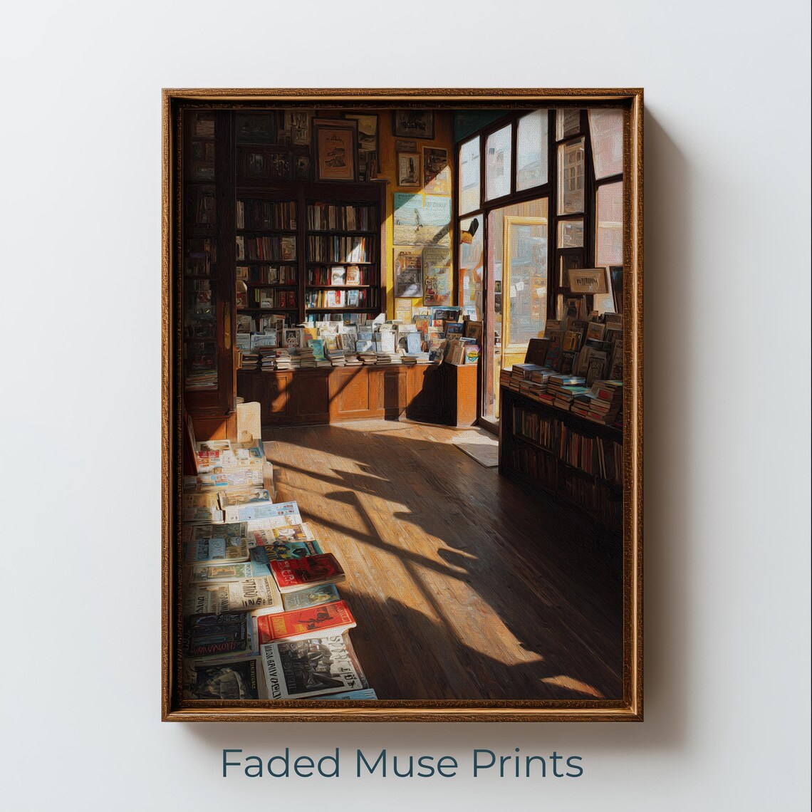 Sunlit Vintage Bookstore Interior Realism Bookshelves Warm Poster