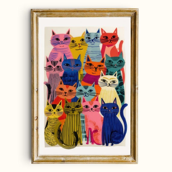 Colorful Cat Group Retro Flat Graphic Art Print