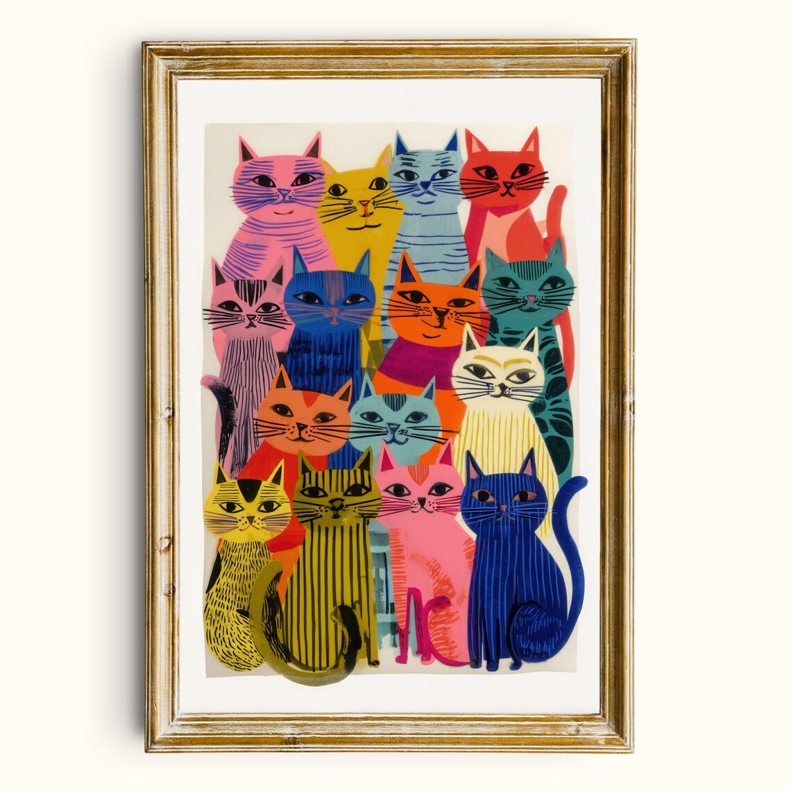Colorful Cat Group Retro Flat Graphic Art Print