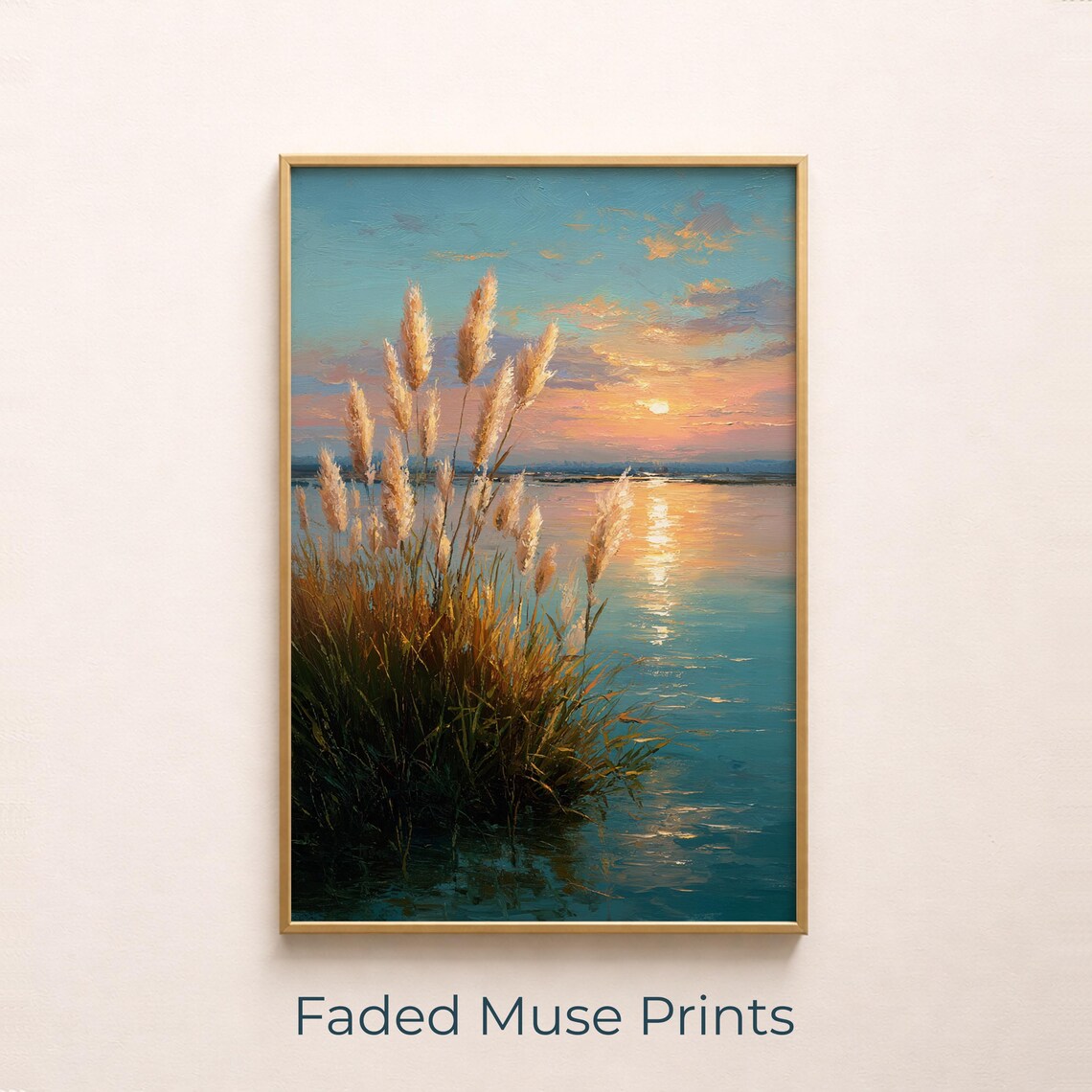 Sunset Lake Pampas Grass Golden Hour Impressionist Oil Painting Poster
