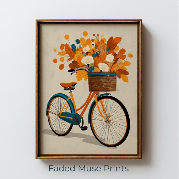 Vintage Bicycle Autumn Flower Basket Retro Fall Botanical Decor Poster