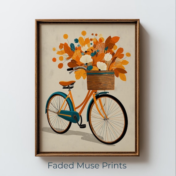 Vintage Bicycle Print Autumn Flower Basket Wall Art Printable Digital Download 2677