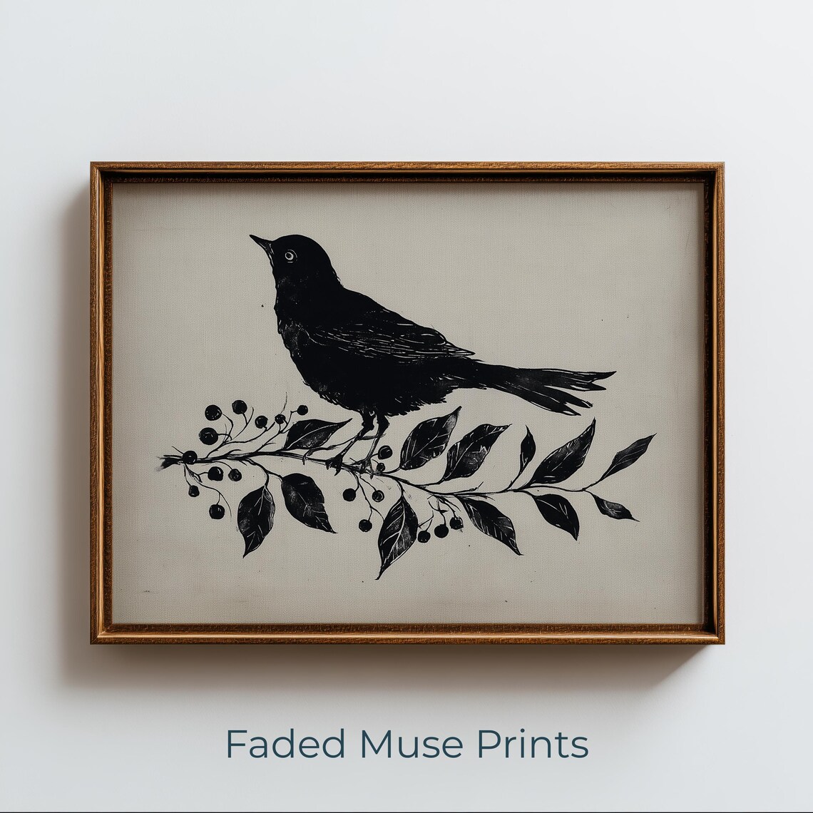 Solitary Black Bird Print Rustic Botanical Linocut Art Natureinspired Wall Decor Digital Download 2477