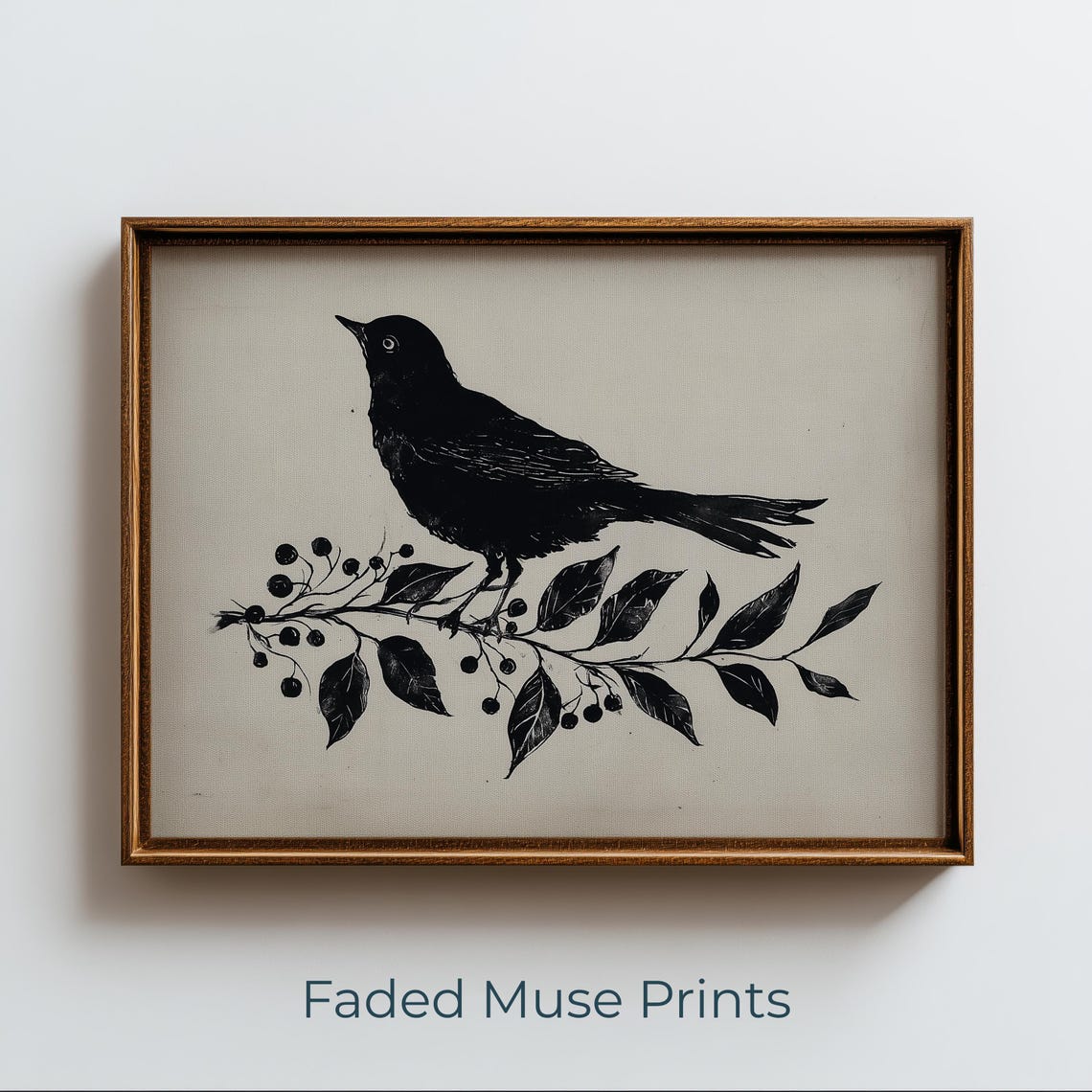 Vintage Black Bird on Berry Branch Ink Illustration Artwork Poster