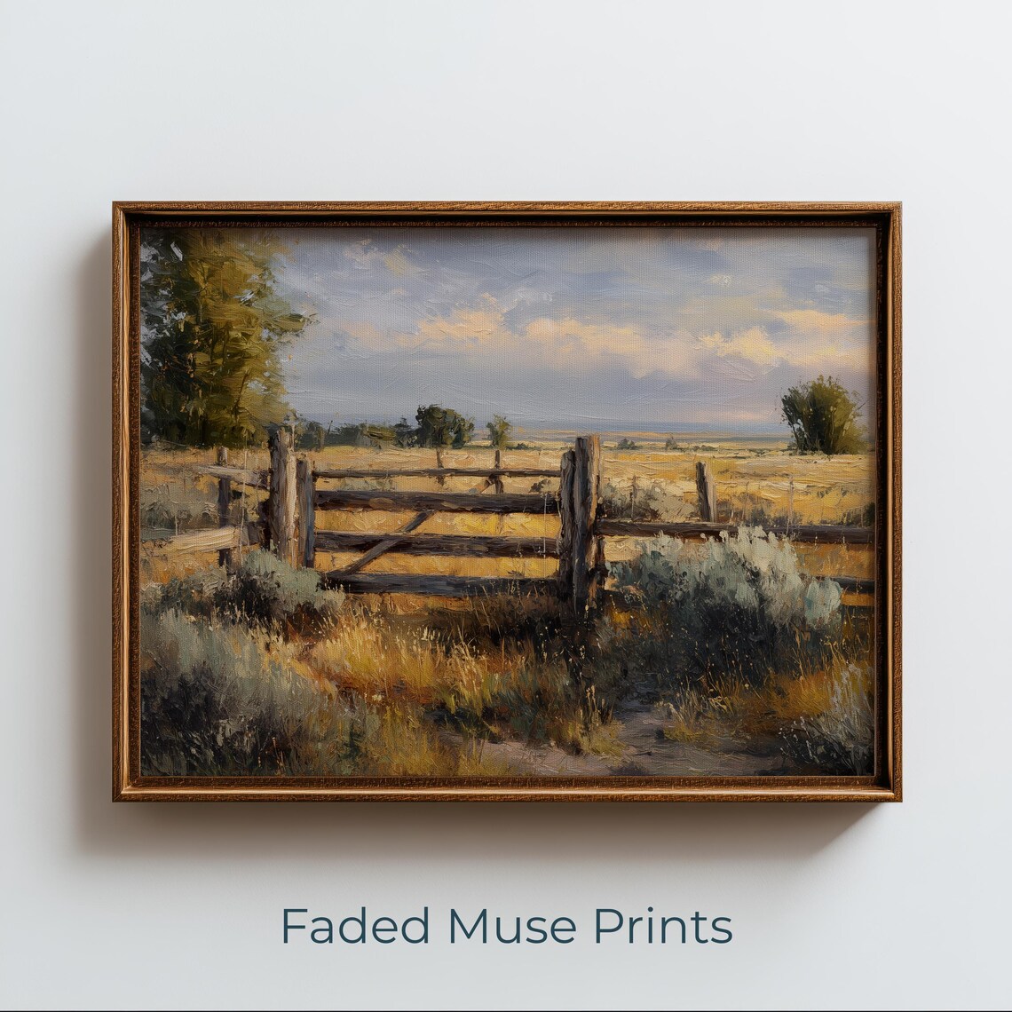 Sunlit Ranch Fence Golden Prairie Rustic Farmhouse Landscape Wall Art