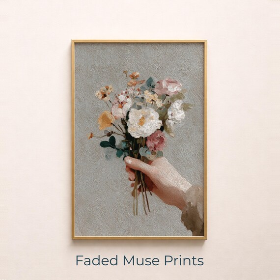 Vintage Floral Hand Bouquet Muted Cottagecore Botanical Art Poster