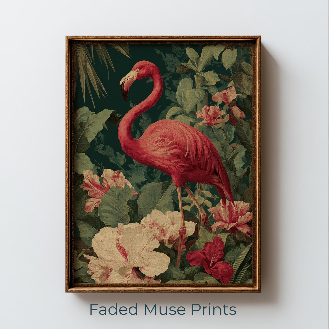 Maximalist Flamingo Vintage Botanical Art Print