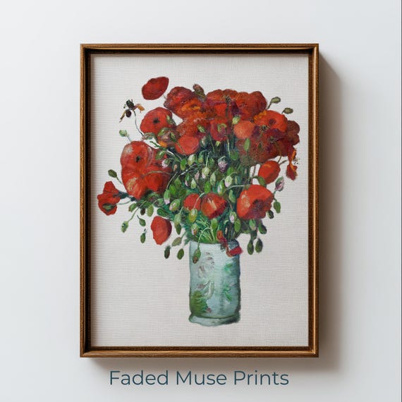 Floral Poppies In Green Vase Vintage Botanical Still Life Art Digital Download 1265