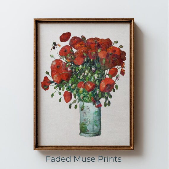 Red Poppies In Green Vase Vintage Botanical Still Life Wall Art