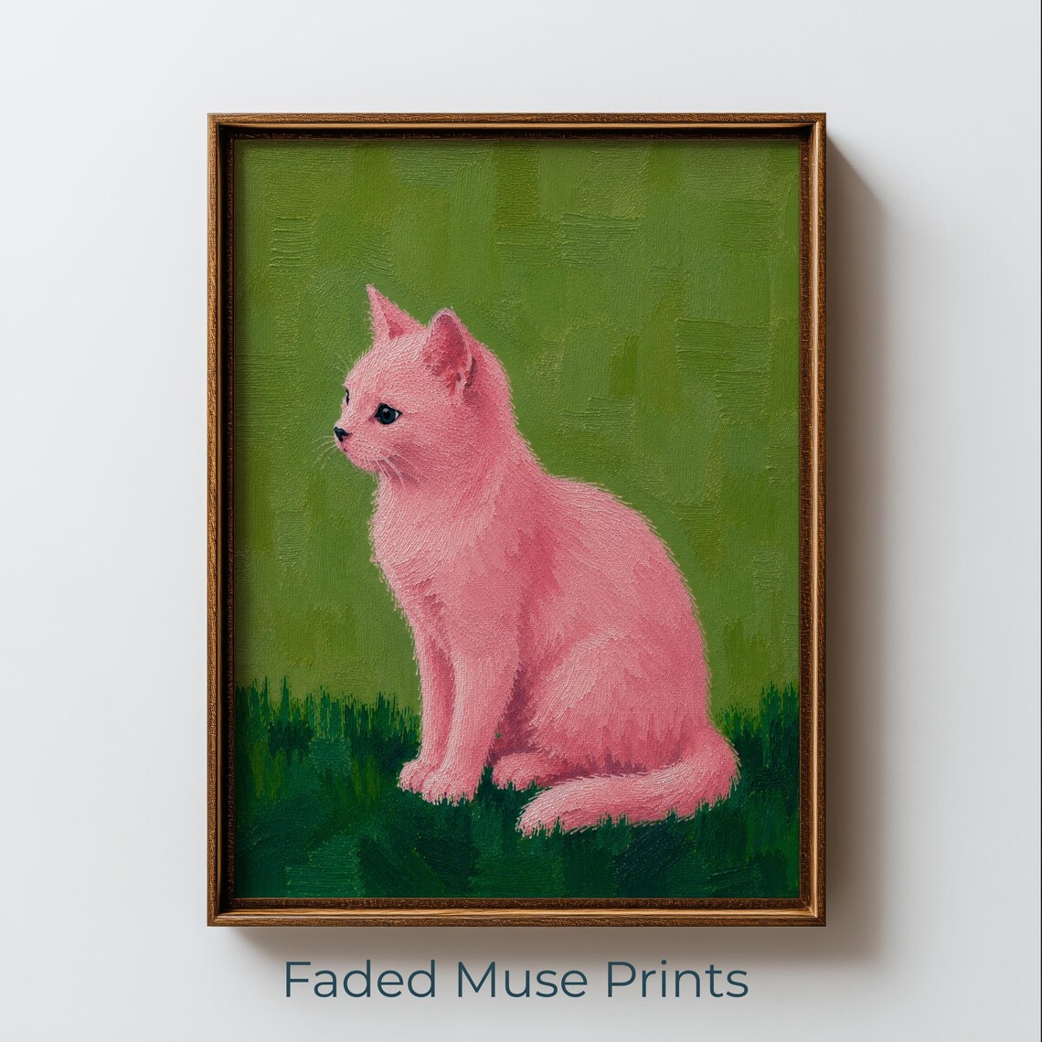 Pink Cat Retro Animal Painting Whimsical Colorful Feline Poster