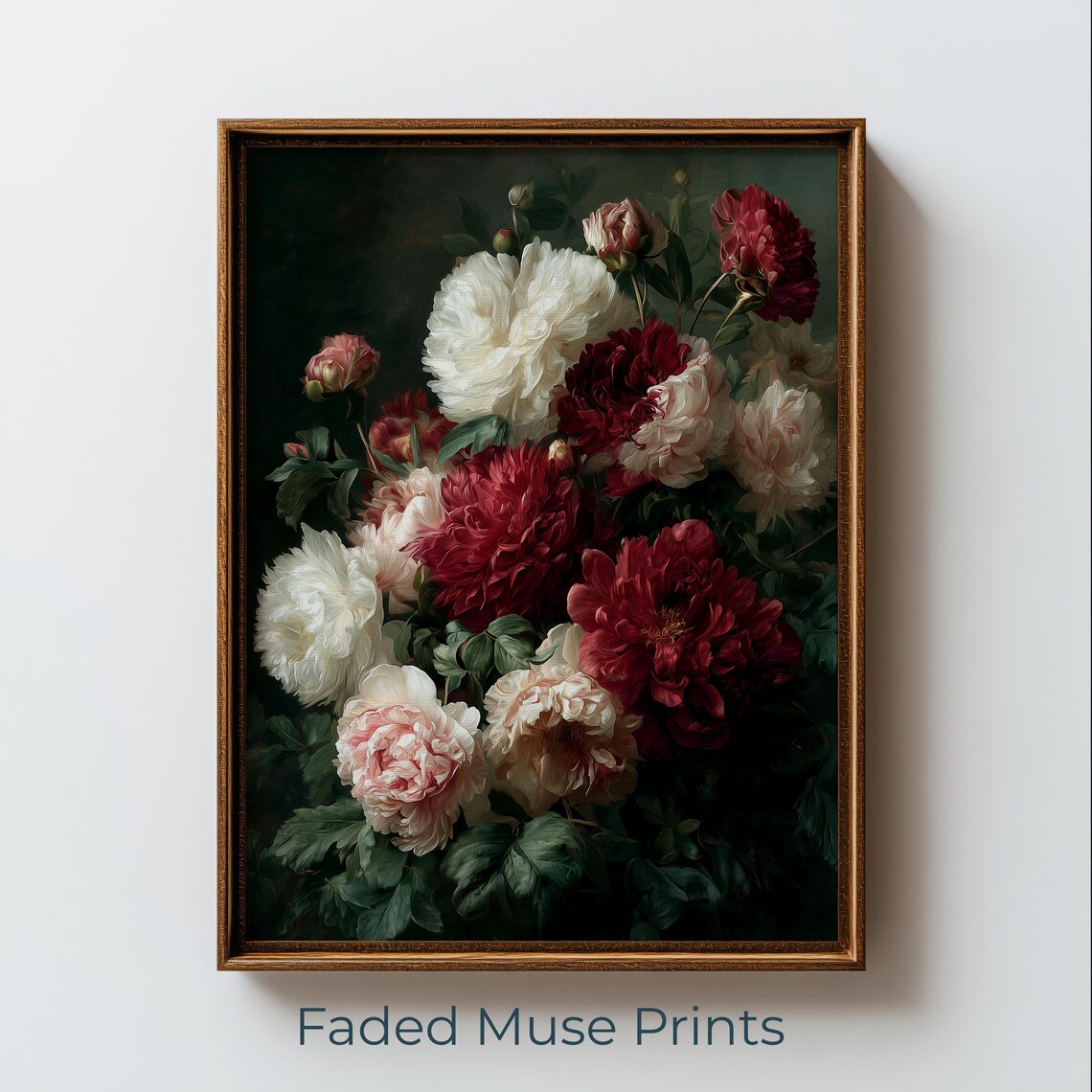 Vintage Moody Dark Peony Still Life Burgundy White Floral Poster