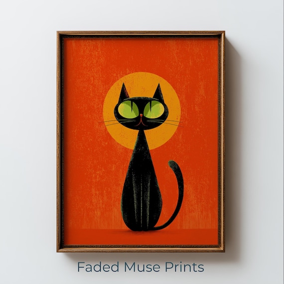 Retro Black Cat Print Green Eyes Halloween Wall Art Printable Digital Download 3181